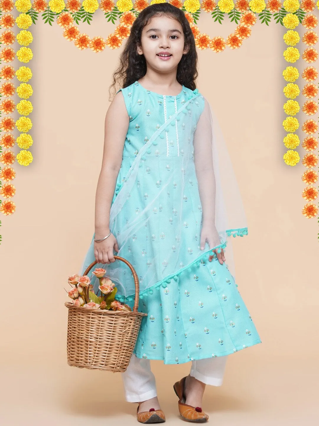 Girls Blue Floral Printed Empire Kurta With Trousers & With Dupatta