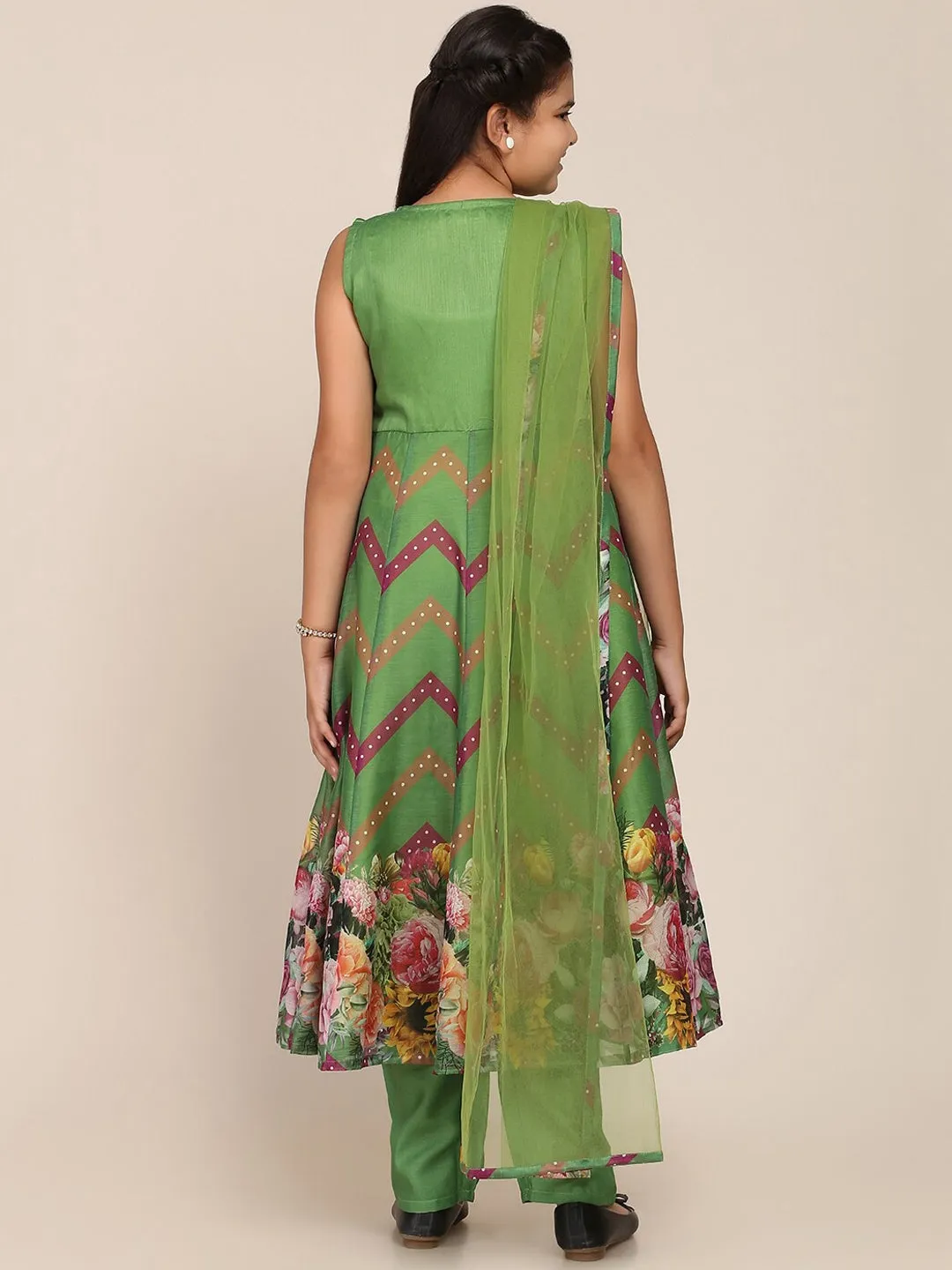 Girls Green Floral Printed Empire Kurta With Trousers & With Dupatta