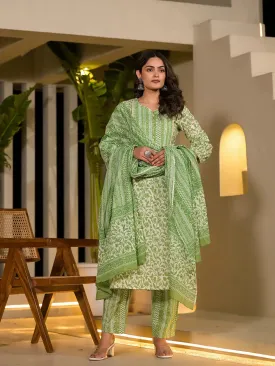 Green Leaf Print Piping On Yoke Straight Kurta With Trousers And Dupatta Set