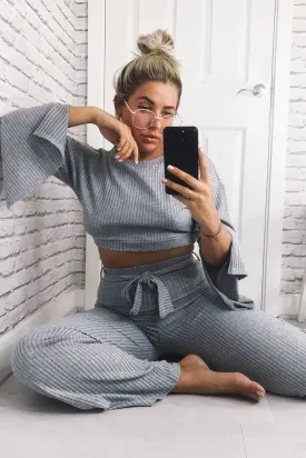 Grey Rib Crop Jumper Tie Wide Leg Trousers Loungewear Co-Ord - Mirabel