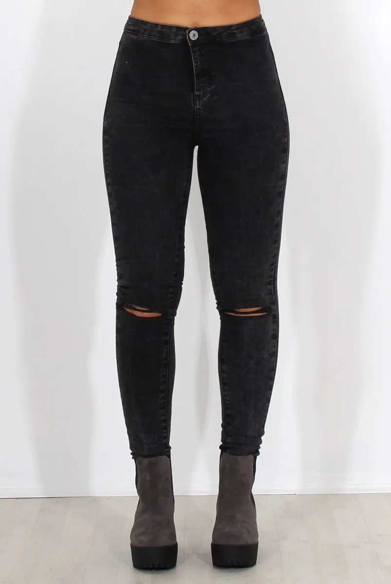 Grey Ripped Knee High Waisted Jeans-Talia