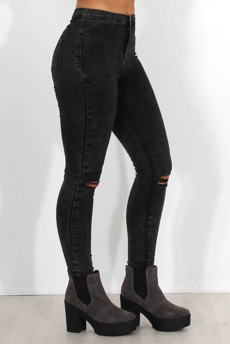 Grey Ripped Knee High Waisted Jeans-Talia