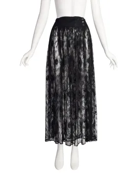 Kenzo Vintage 1980s Sheer Black Floral Lace Long Wrap Skirt