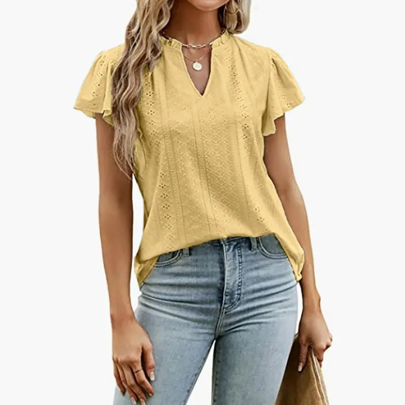 Ladies Elegant Casual Hollow-out V Neck Short Sleeve Shirt