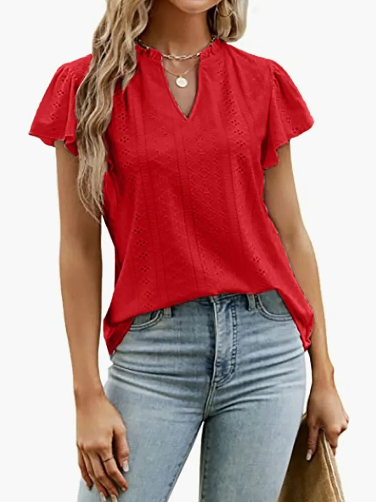 Ladies Elegant Casual Hollow-out V Neck Short Sleeve Shirt