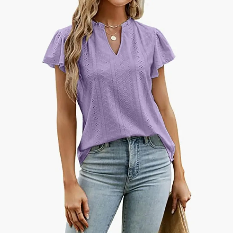 Ladies Elegant Casual Hollow-out V Neck Short Sleeve Shirt