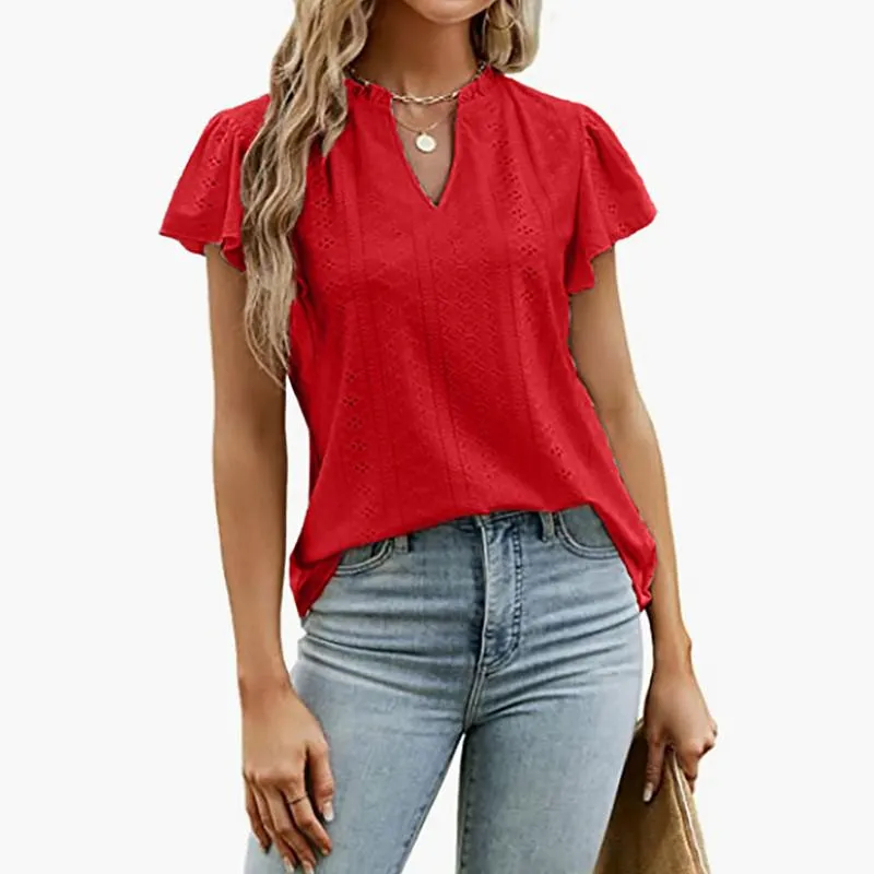 Ladies Elegant Casual Hollow-out V Neck Short Sleeve Shirt