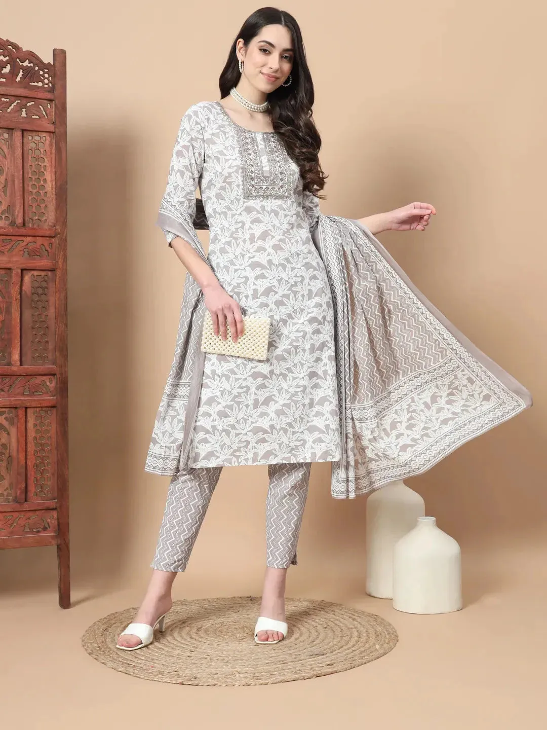 Light Brown Floral,Sequins_Work Straight Kurta Trouser And Dupatta Set