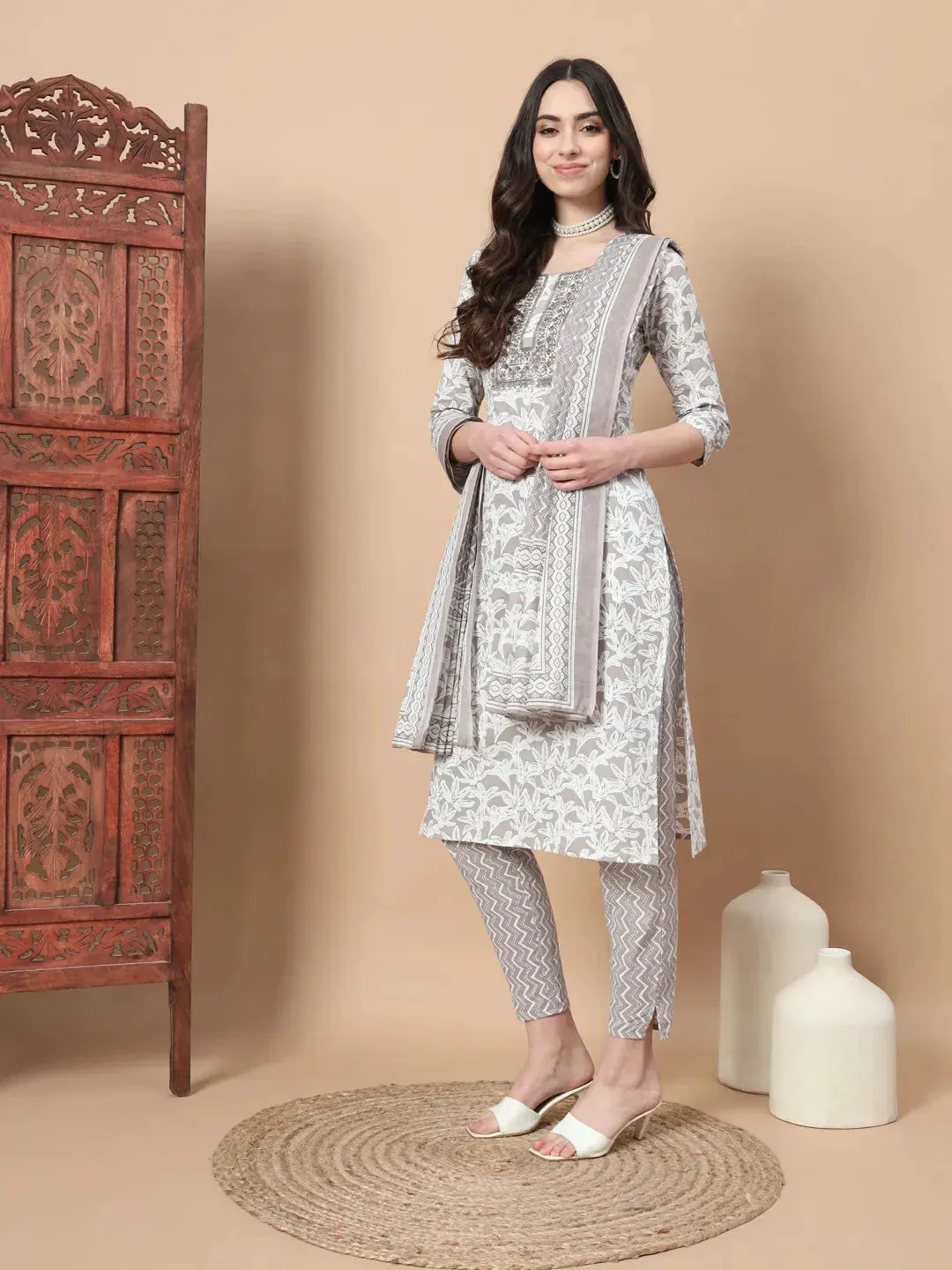 Light Brown Floral,Sequins_Work Straight Kurta Trouser And Dupatta Set