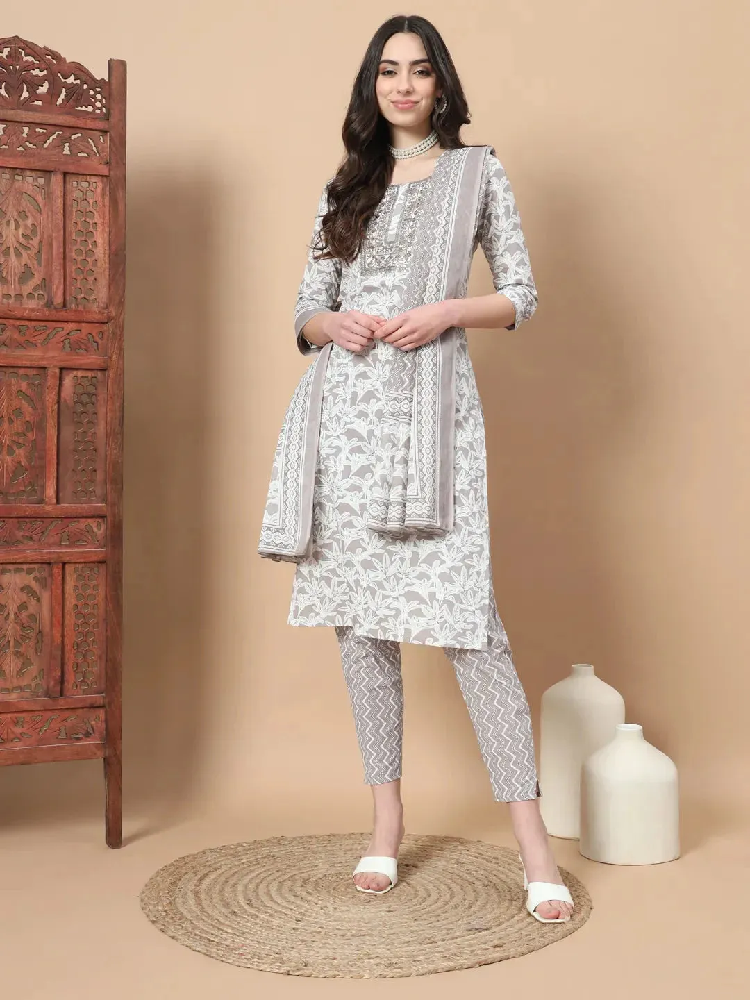 Light Brown Floral,Sequins_Work Straight Kurta Trouser And Dupatta Set