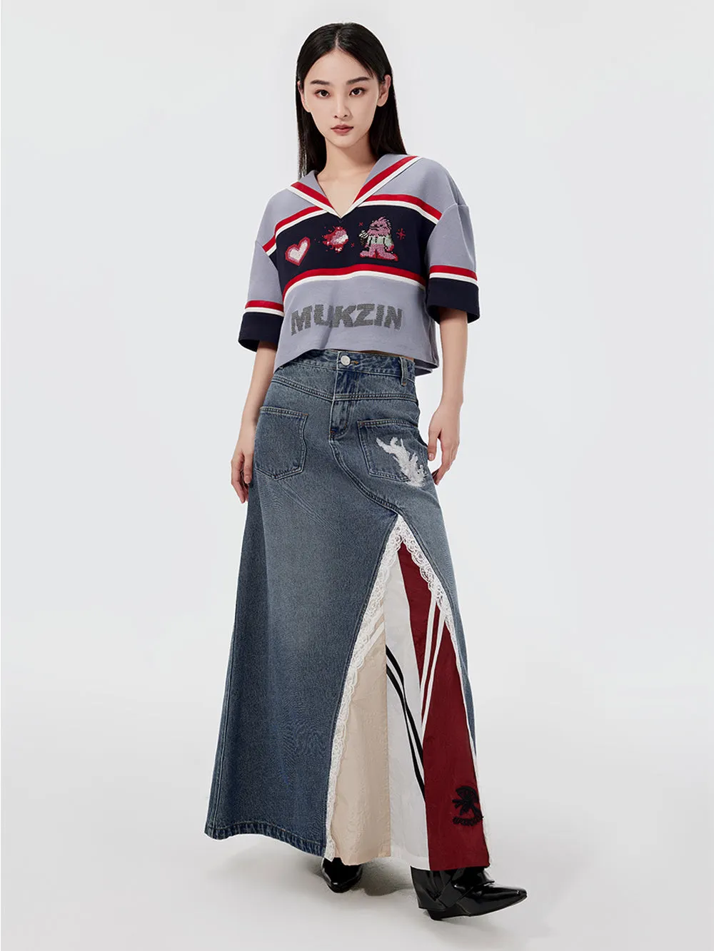 MUKZIN Lace Paneled Fashion Denim Skirt