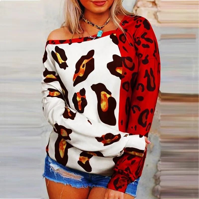 New slanted shoulder print color-blocking long-sleeved top