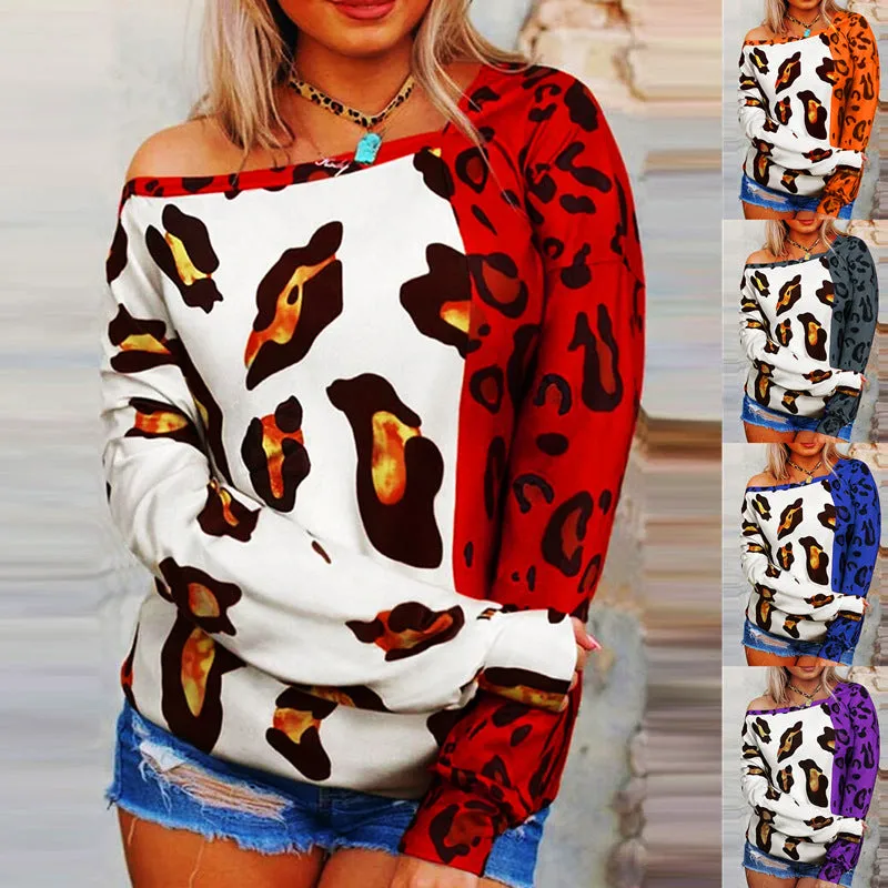 New slanted shoulder print color-blocking long-sleeved top