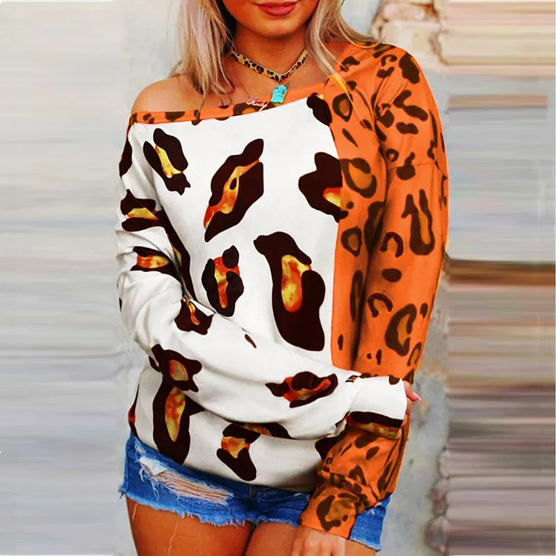 New slanted shoulder print color-blocking long-sleeved top