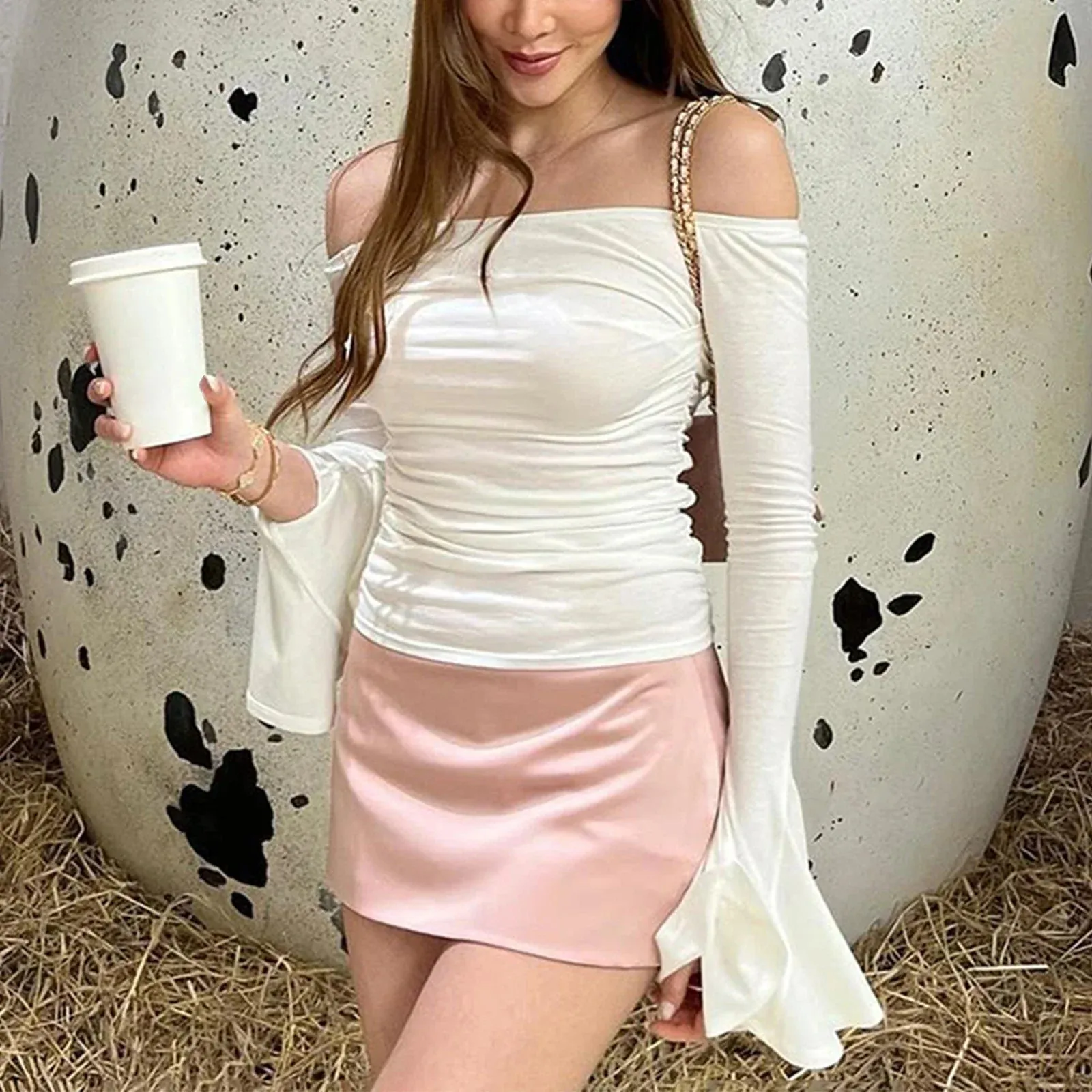 Off Shoulder Solid Color Ruched Flare Long Sleeve Aesthetic Fairycore Pullover Club Streetwear Sexy T-shirt