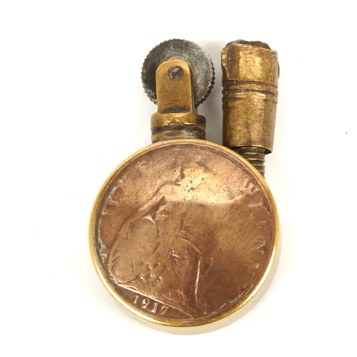 Original British WWI Tommy Trench Art Two Penny Lighter Dated 1917