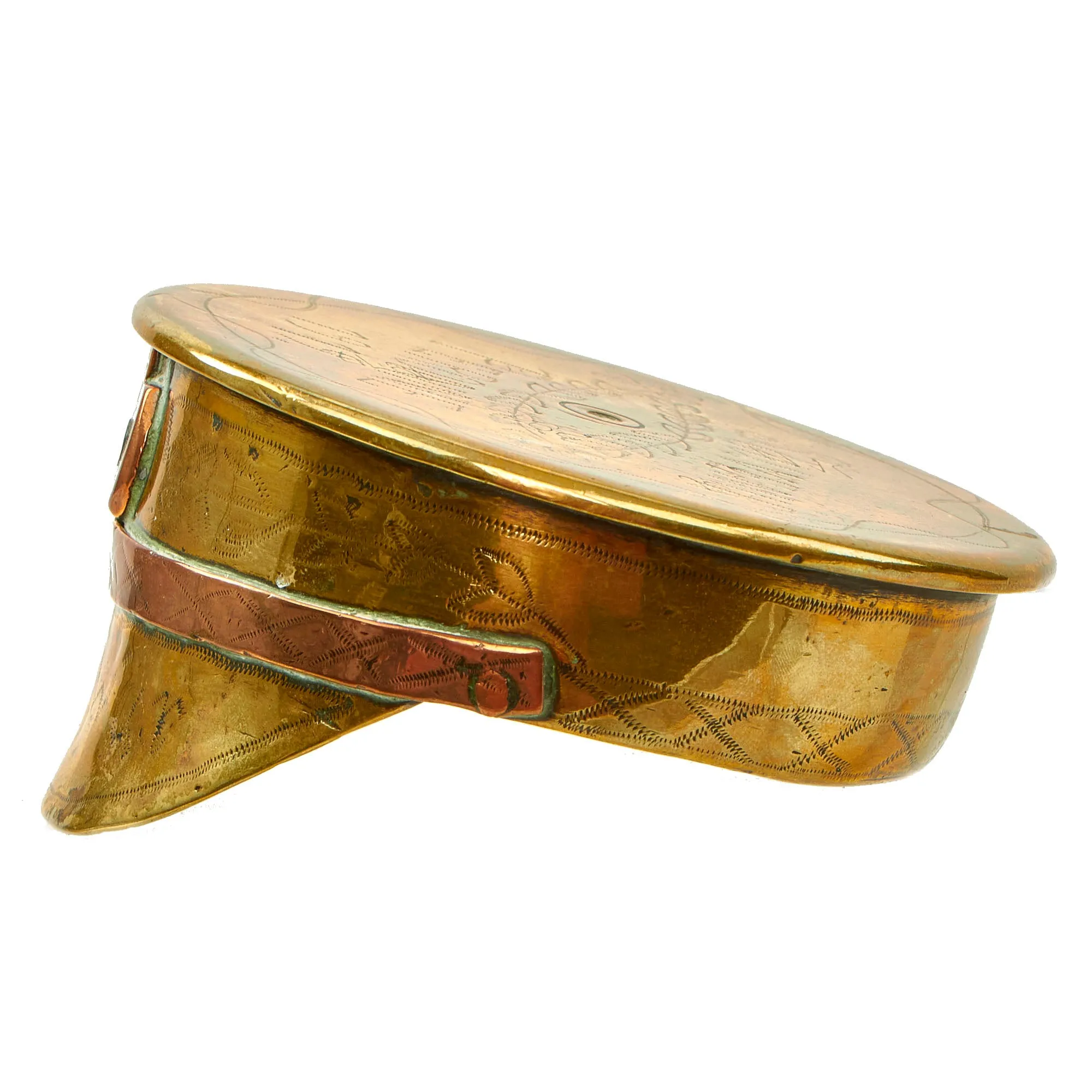 Original British WWI Trench Art “Souvenir of Peronne” Peaked Visor Cap Made From German 77mm Shell Casing