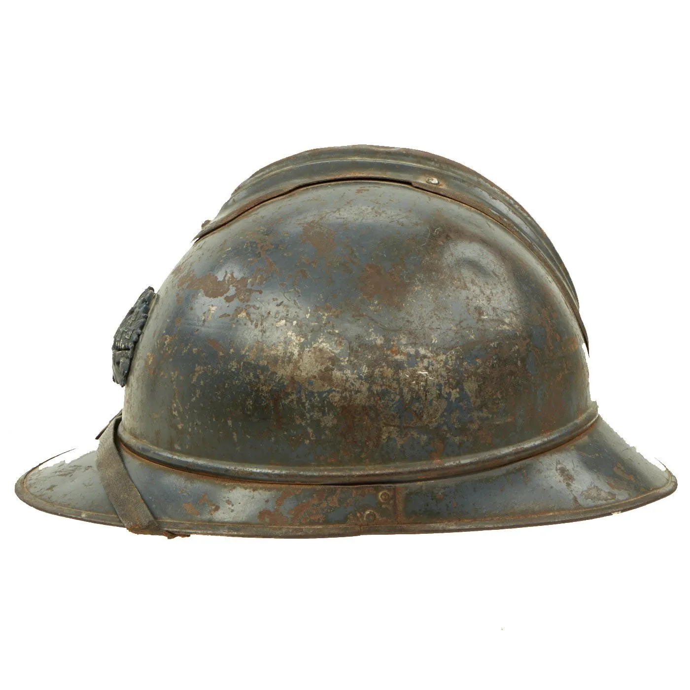 Original French WWI Model 1915 Adrian Helmet in Horizon Blue with Replica Badge