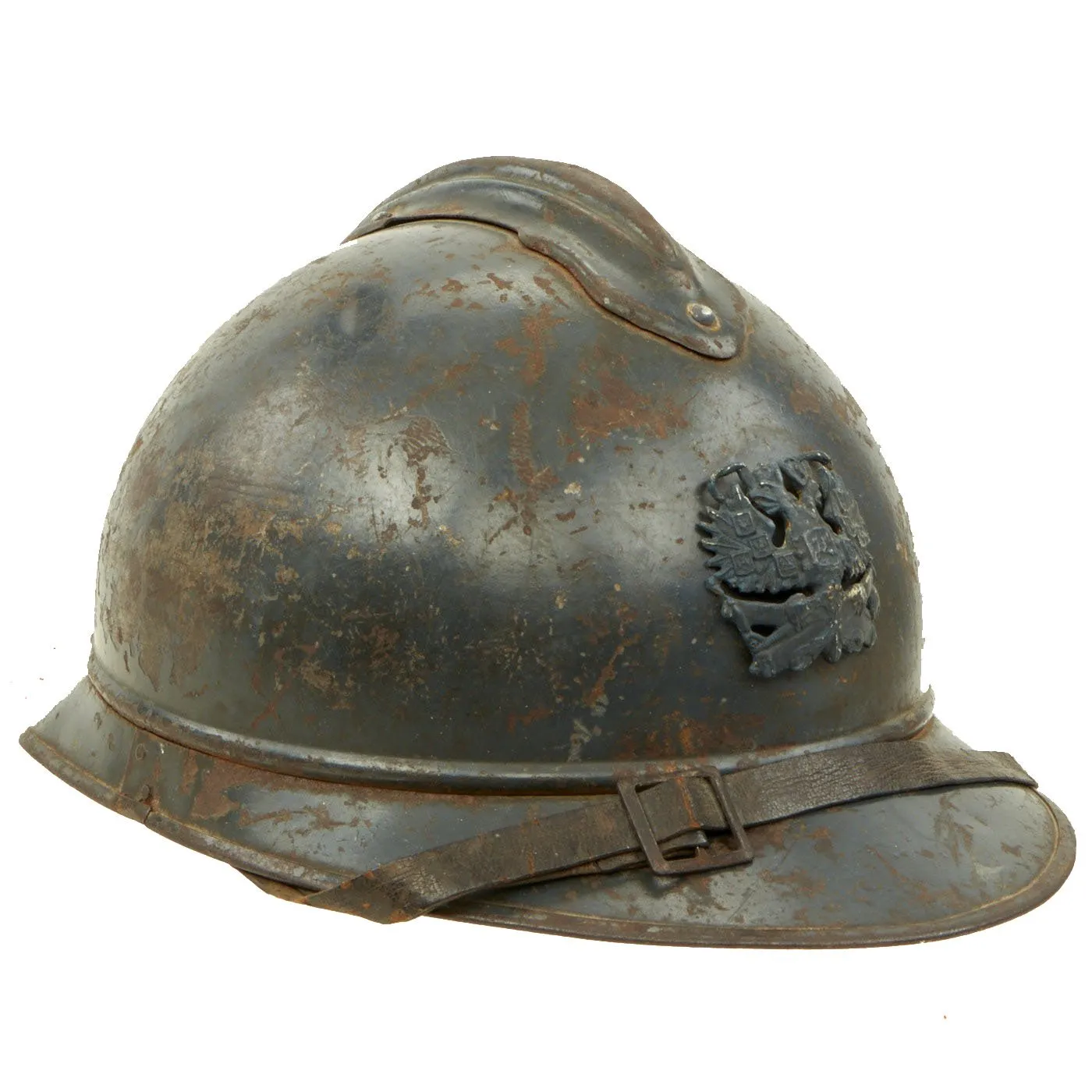 Original French WWI Model 1915 Adrian Helmet in Horizon Blue with Replica Badge