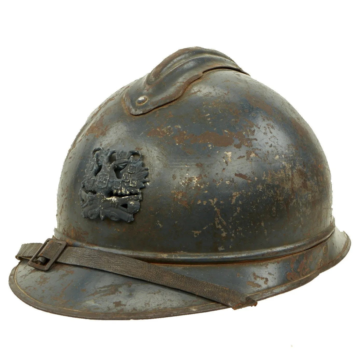 Original French WWI Model 1915 Adrian Helmet in Horizon Blue with Replica Badge