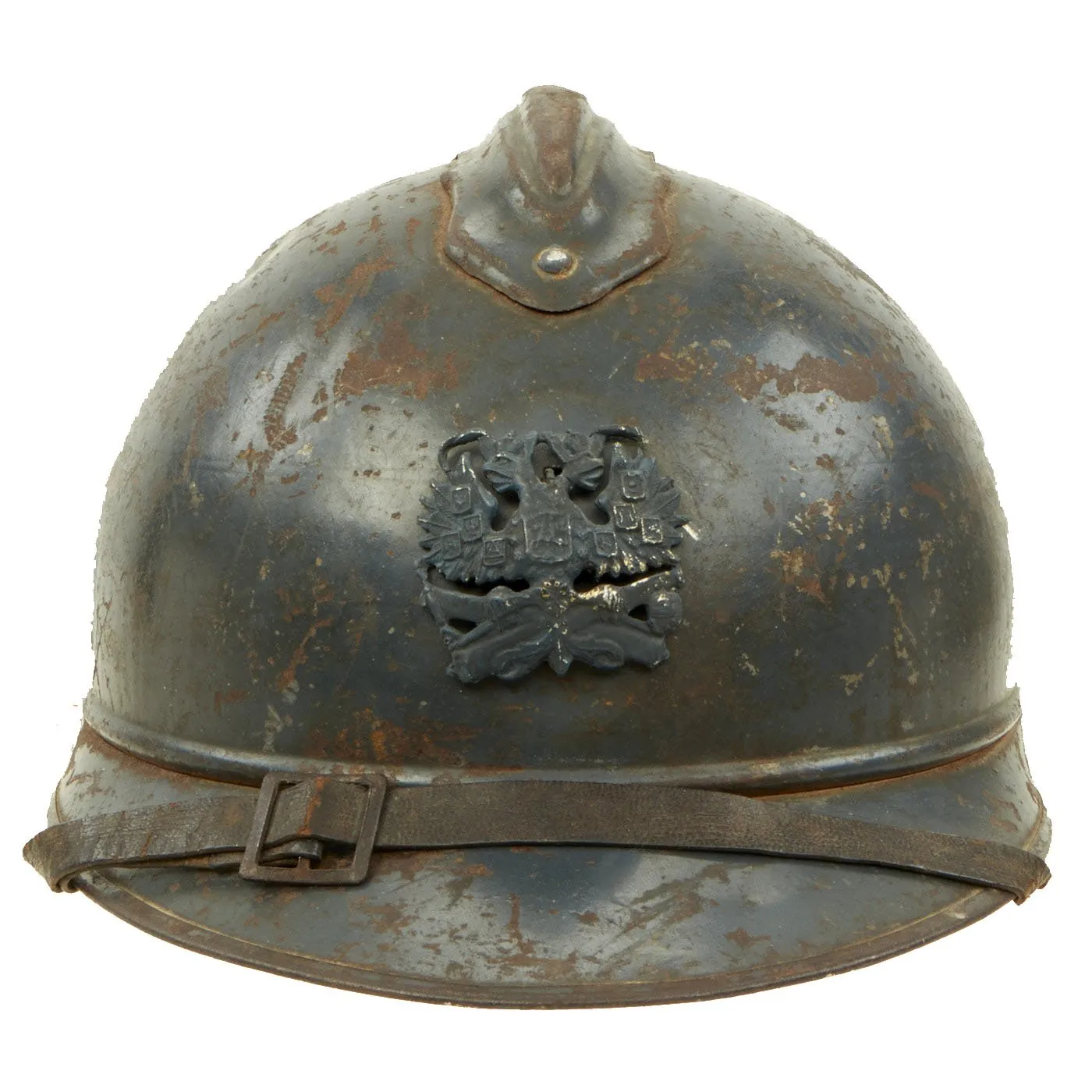 Original French WWI Model 1915 Adrian Helmet in Horizon Blue with Replica Badge