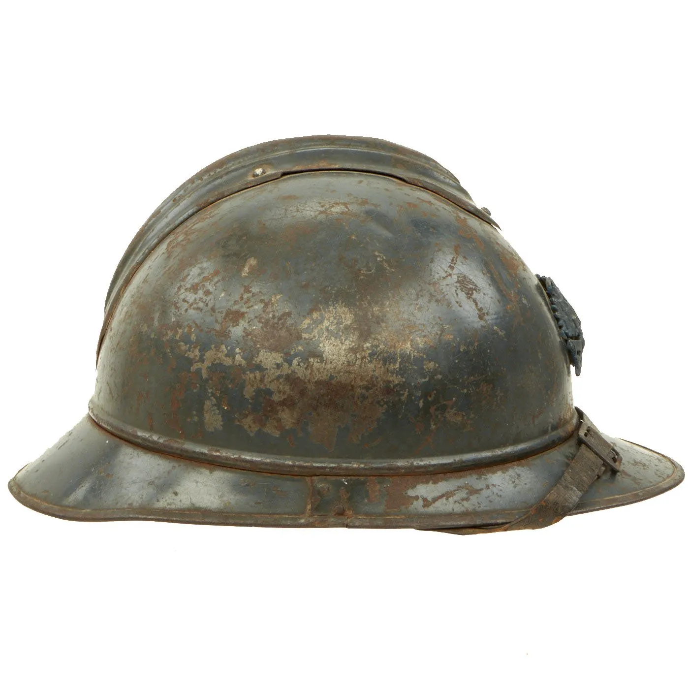 Original French WWI Model 1915 Adrian Helmet in Horizon Blue with Replica Badge