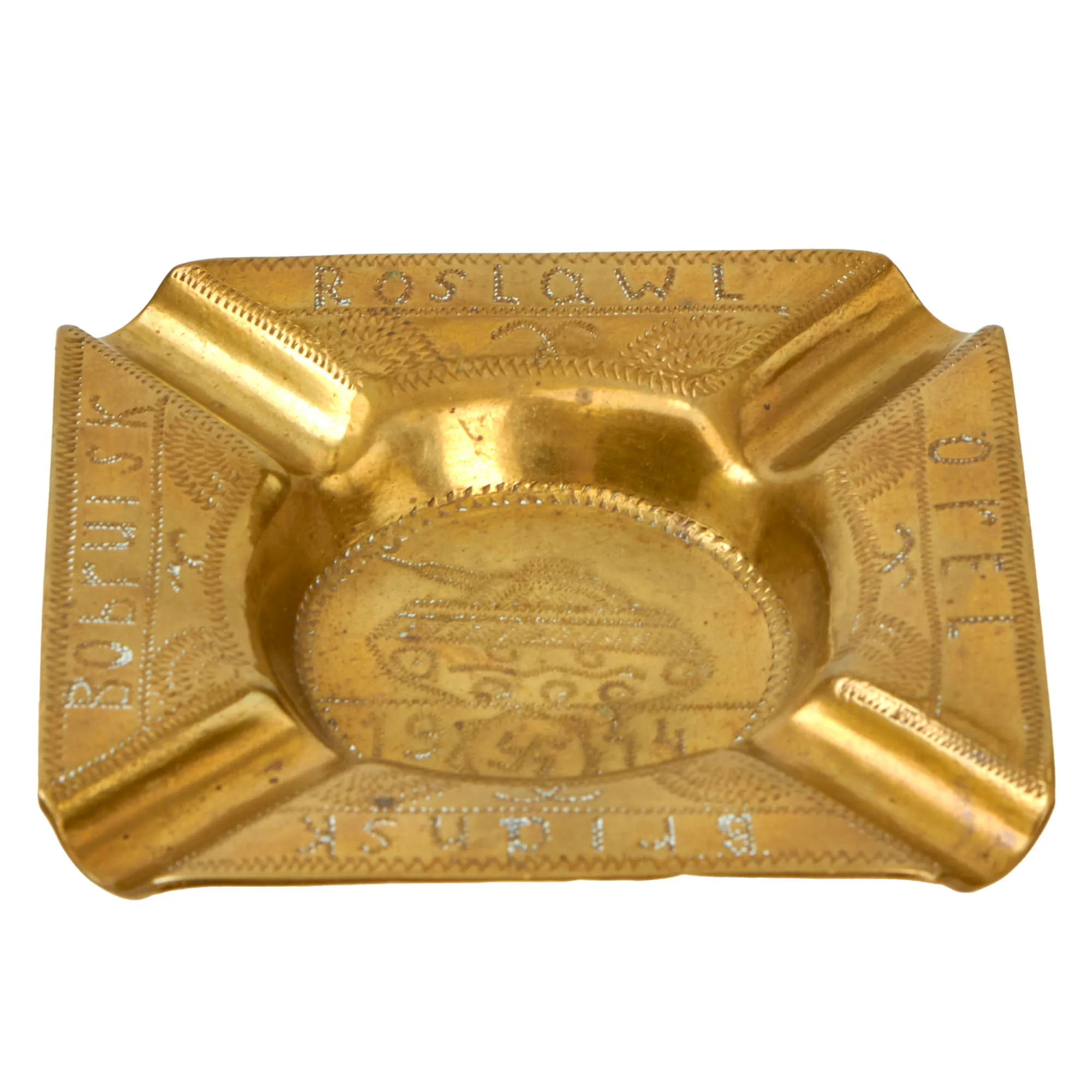 Original German WWII Panzer Tank Trench Art Brass Ashtray with Eastern Front Battles Listed