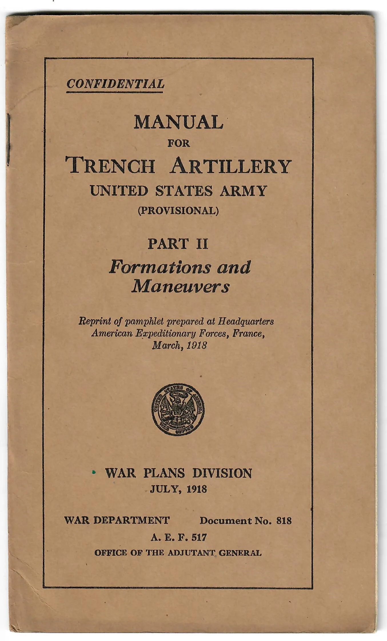 Original U.S. WWI AEF War Department US Army Manuals For The 3” Stokes Trench Mortar - 5 Manuals