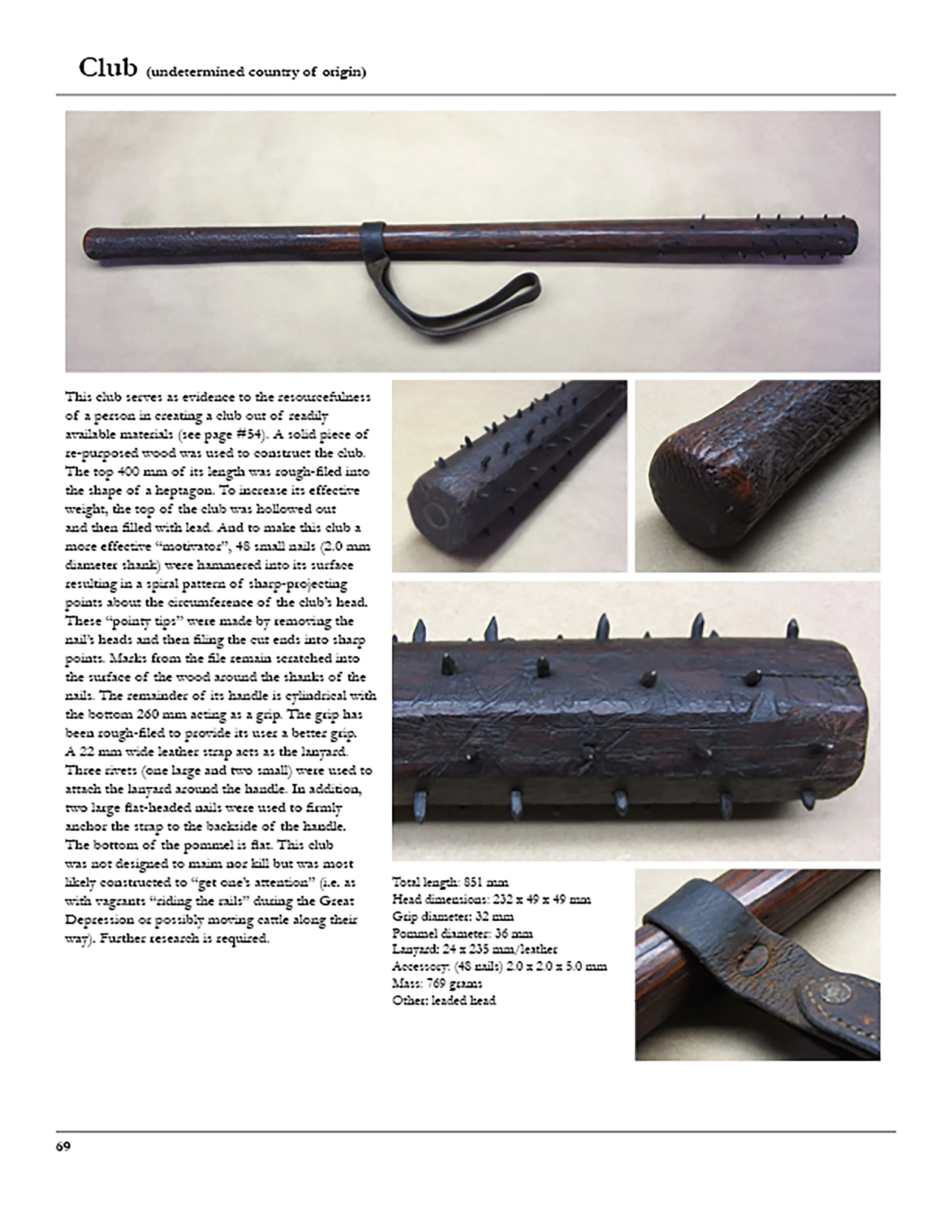 Original U.S. WWI Era Sharpened Nails Trench Club with Lead Filled Head - Featured in Book At Arm's Length V2 on Page 69