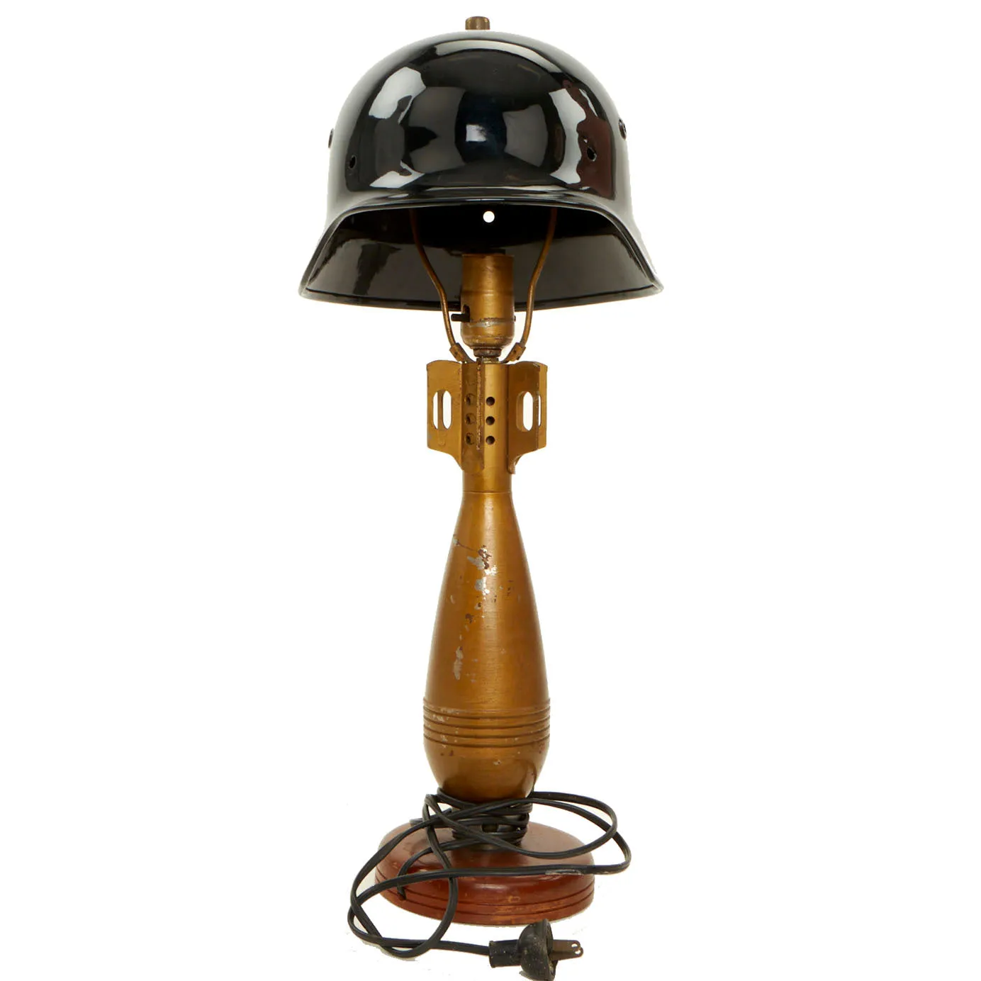 Original U.S. WWII 81mm Mortar Trench Art Lamp With German M40 Helmet Shell Lamp Shade - Functional