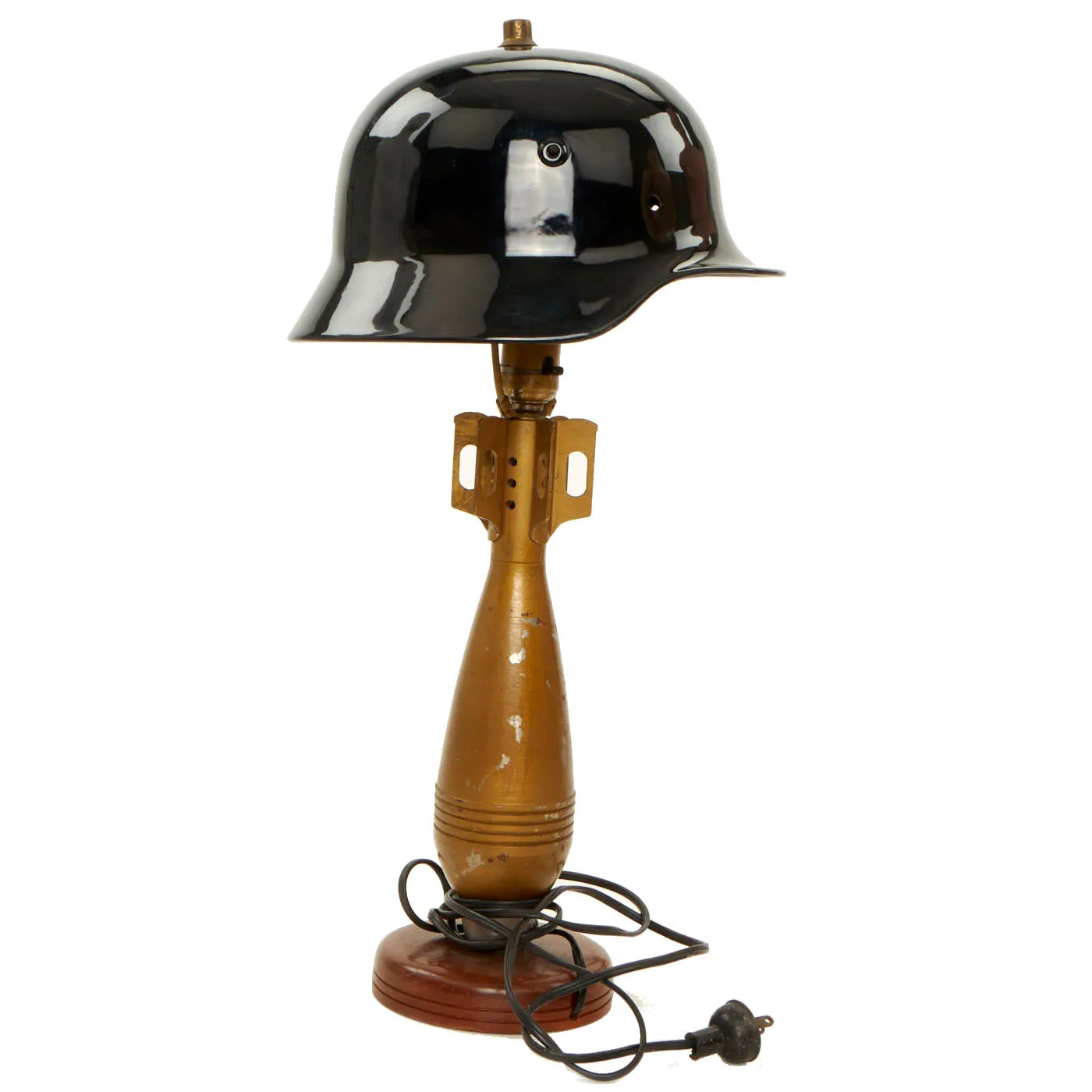 Original U.S. WWII 81mm Mortar Trench Art Lamp With German M40 Helmet Shell Lamp Shade - Functional