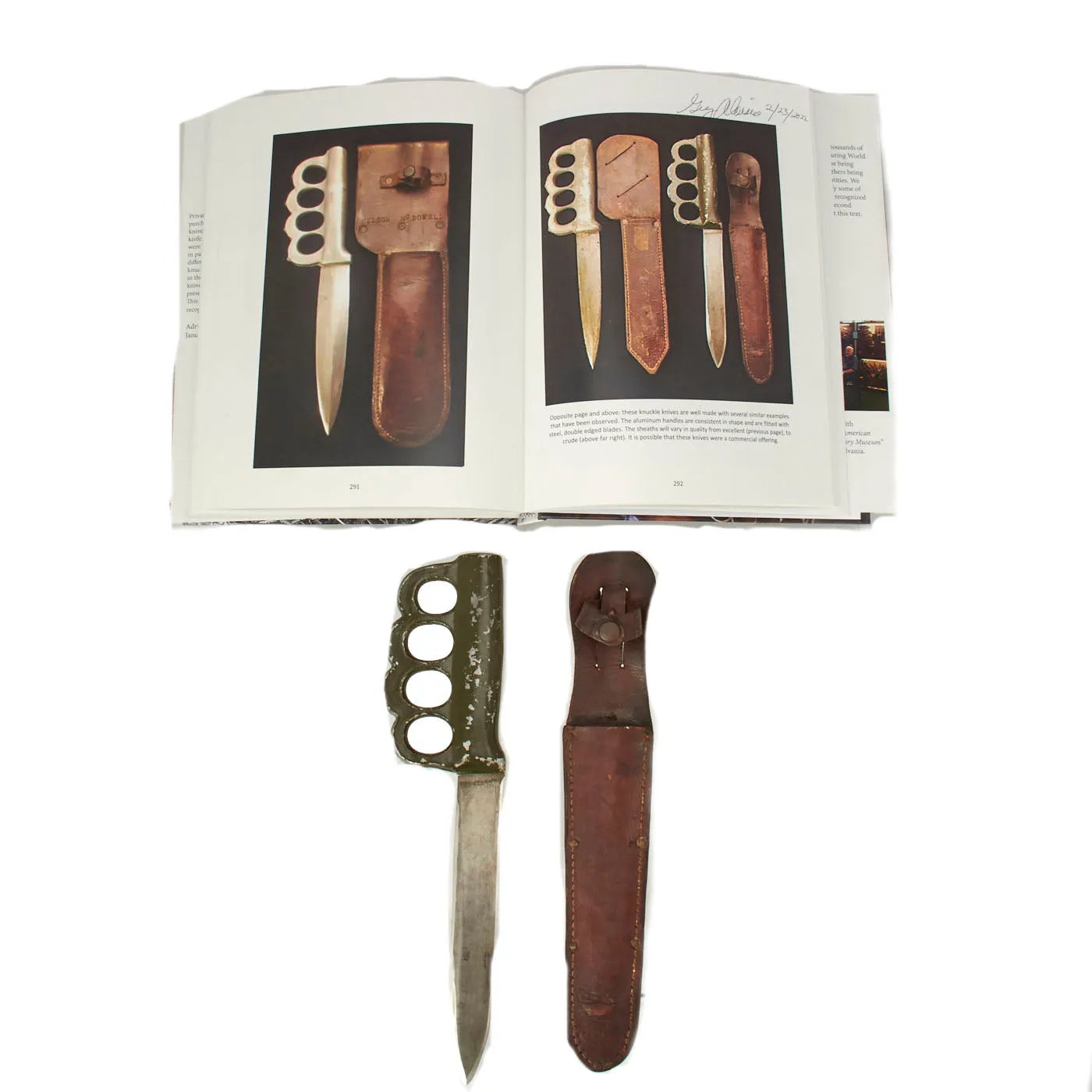 Original U.S. WWII Custom Knuckle Duster Fighting Knife As Seen in Book Signed By Author - Page 292