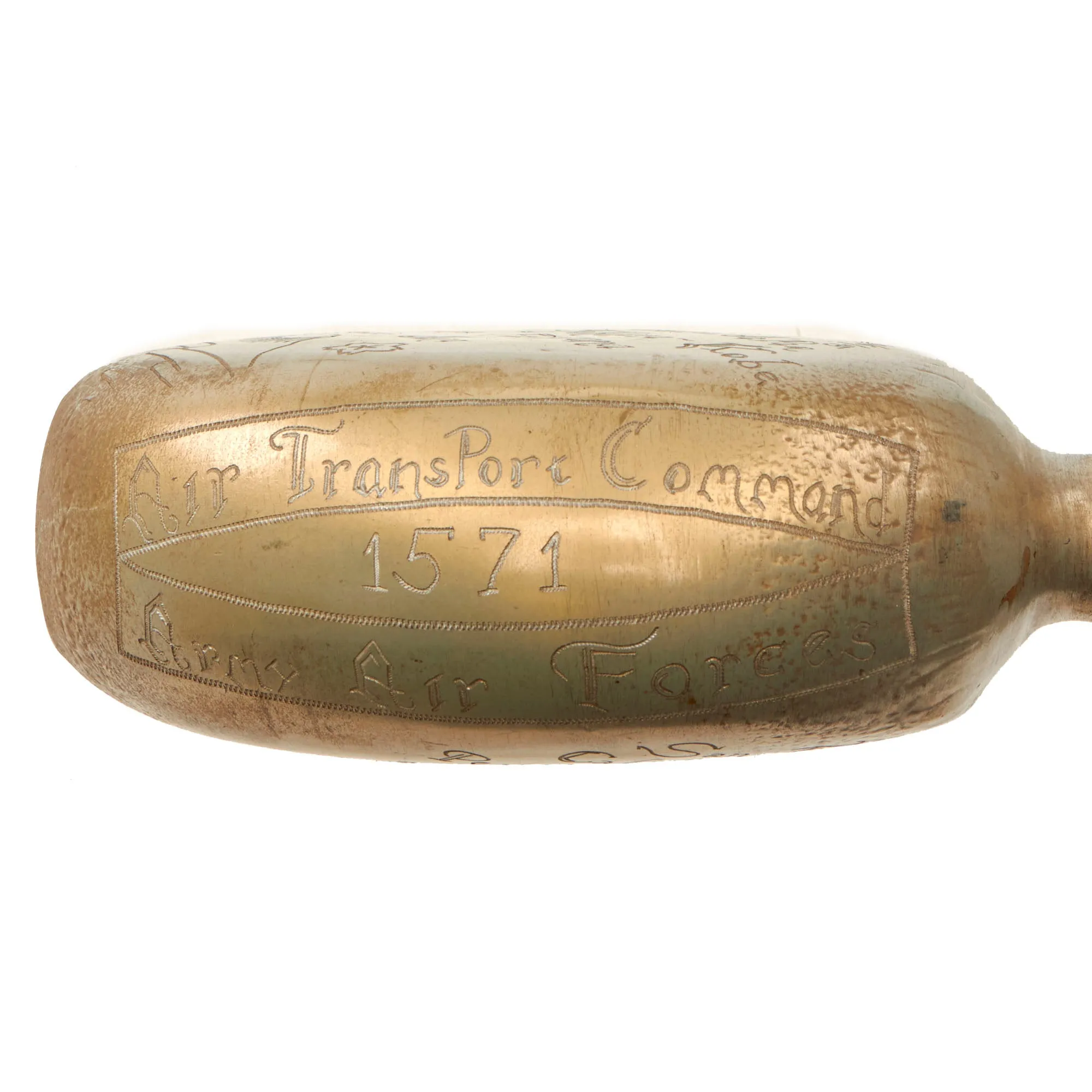 Original U.S. WWII Trench Art Captured Japanese Canteen Personalized by Roland Dobbs, Air Transport Command, As Featured In The Book “Trench Art, An Illustrated History” by Jane Kimball on Page 348