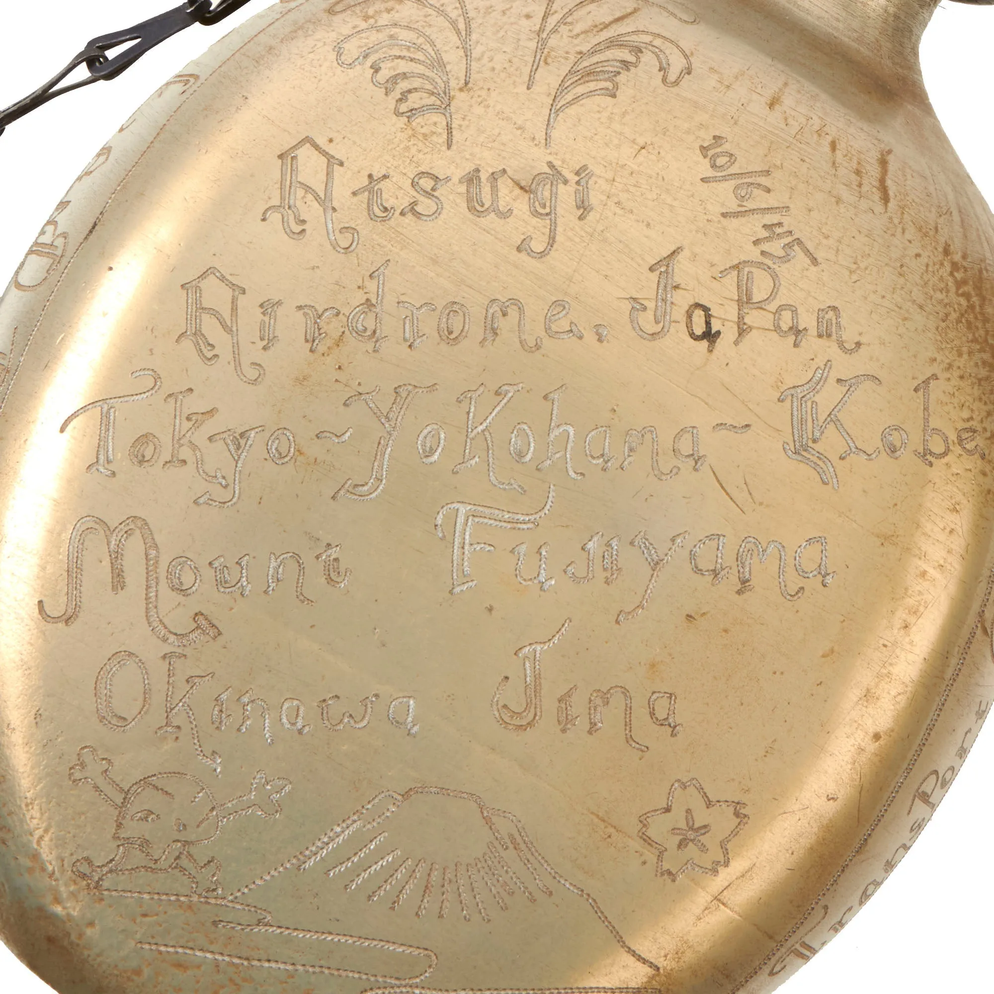 Original U.S. WWII Trench Art Captured Japanese Canteen Personalized by Roland Dobbs, Air Transport Command, As Featured In The Book “Trench Art, An Illustrated History” by Jane Kimball on Page 348