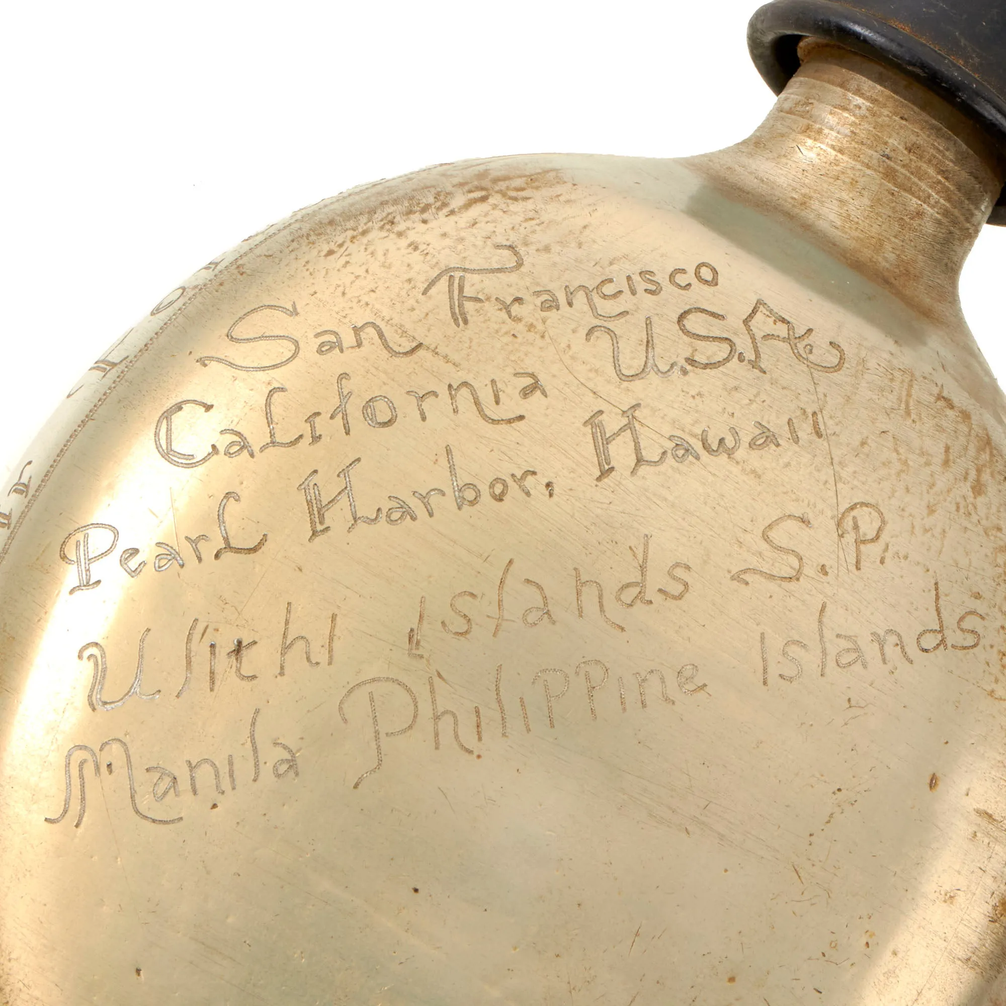 Original U.S. WWII Trench Art Captured Japanese Canteen Personalized by Roland Dobbs, Air Transport Command, As Featured In The Book “Trench Art, An Illustrated History” by Jane Kimball on Page 348