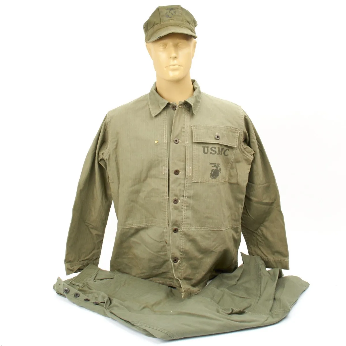 Original U.S. WWII USMC HBT Herringbone Twill P44 Utility Combat Uniform with P44 Cap