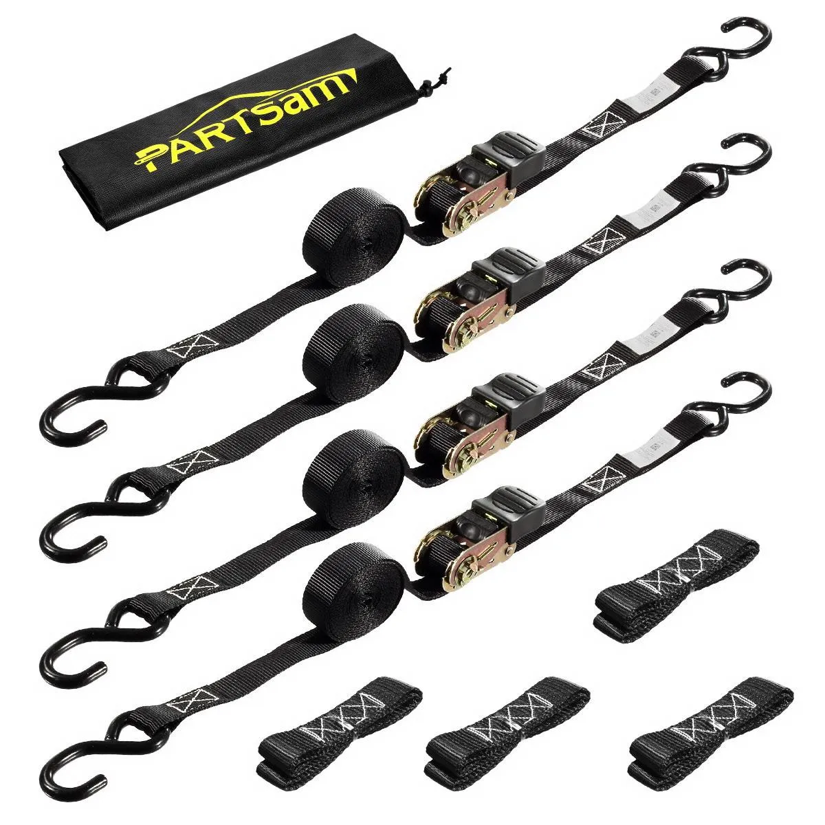 Partsam Ratchet Straps Heavy Duty Tie Down Set, 2500 Break Strength - (4) Heavy Duty 1" x 15' Cargo Motorcycle Tiedowns Straps with Handles & Coated S Hooks   (4) Soft Loop Anchoring Straps (Black)