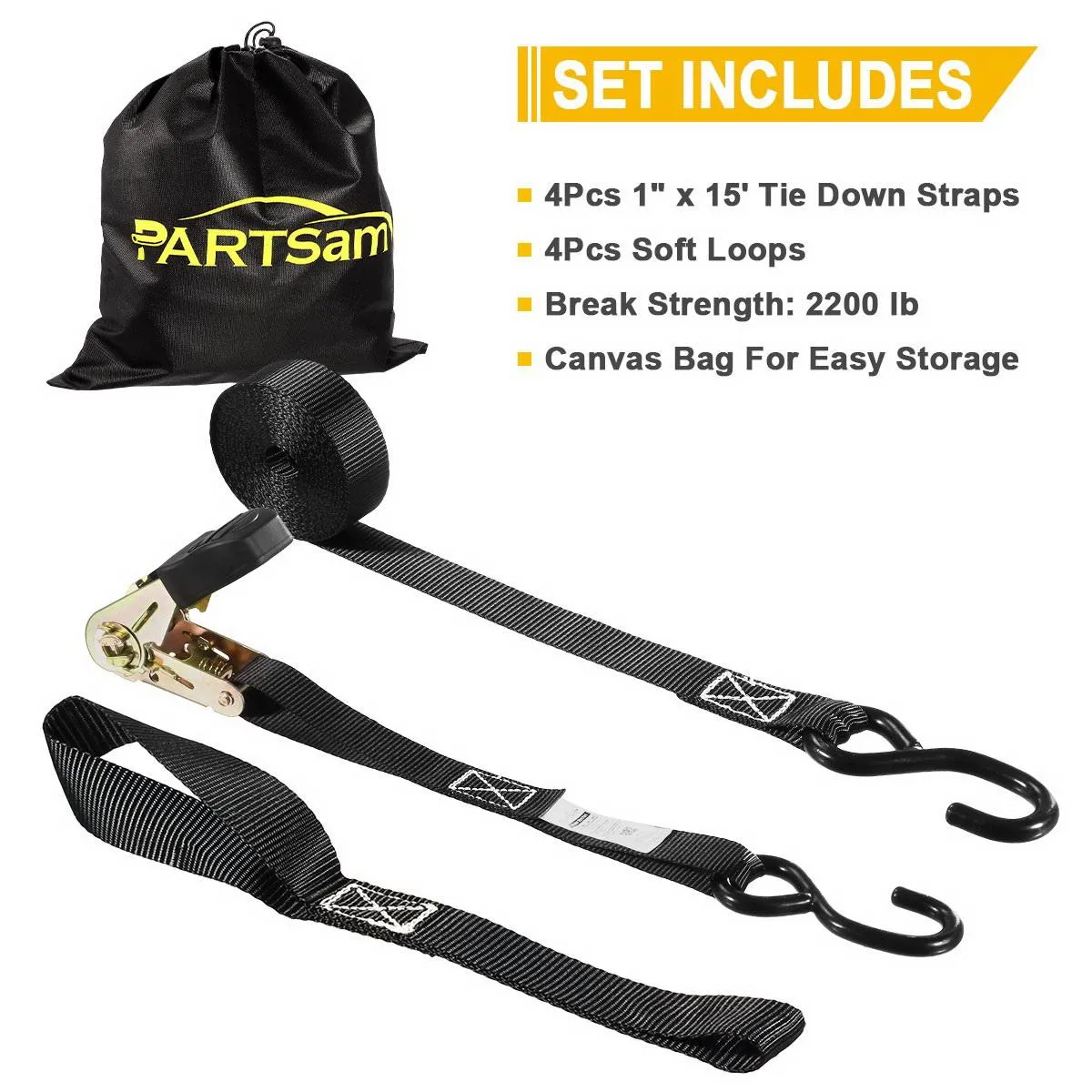 Partsam Ratchet Straps Heavy Duty Tie Down Set, 2500 Break Strength - (4) Heavy Duty 1" x 15' Cargo Motorcycle Tiedowns Straps with Handles & Coated S Hooks   (4) Soft Loop Anchoring Straps (Black)