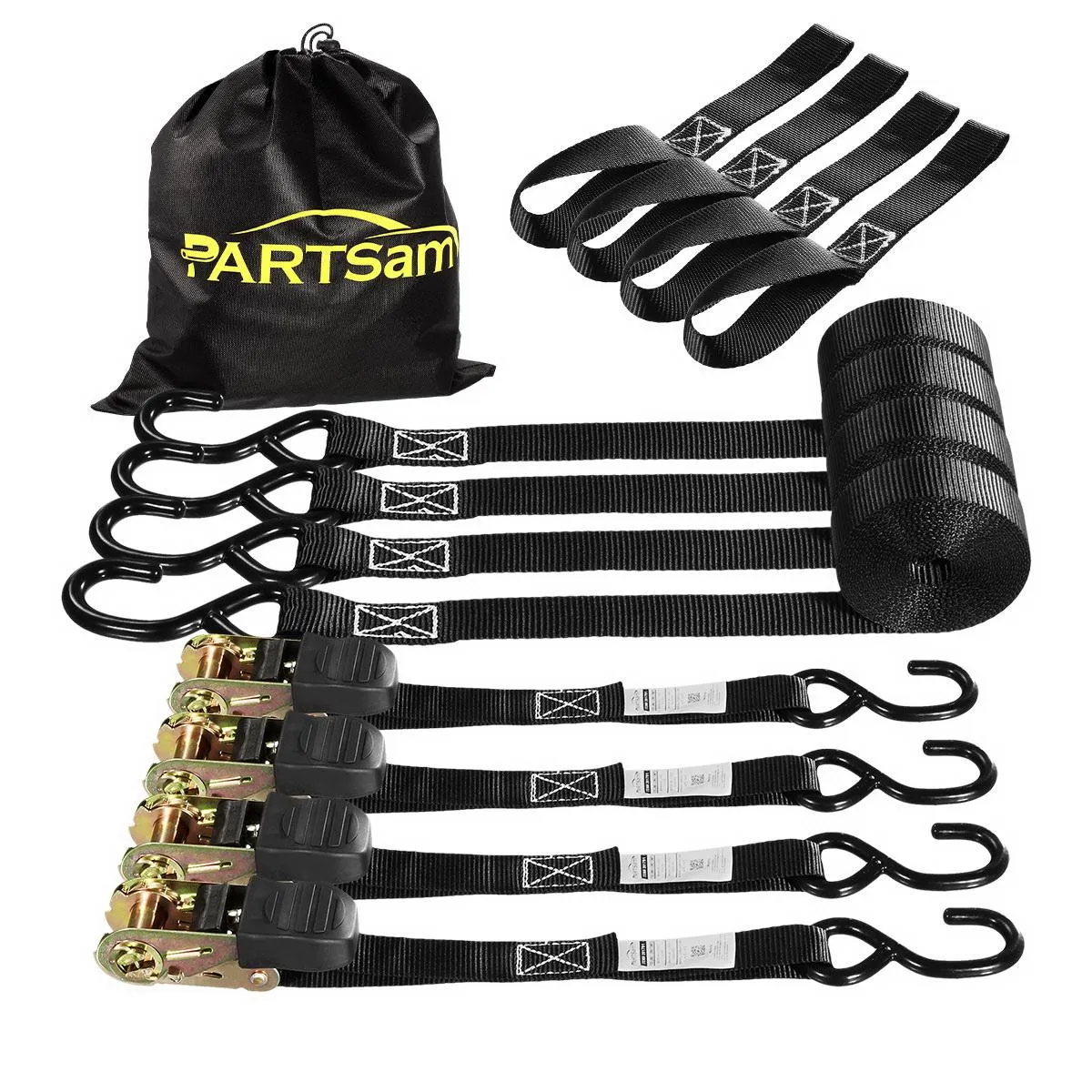 Partsam Ratchet Straps Heavy Duty Tie Down Set, 2500 Break Strength - (4) Heavy Duty 1" x 15' Cargo Motorcycle Tiedowns Straps with Handles & Coated S Hooks   (4) Soft Loop Anchoring Straps (Black)