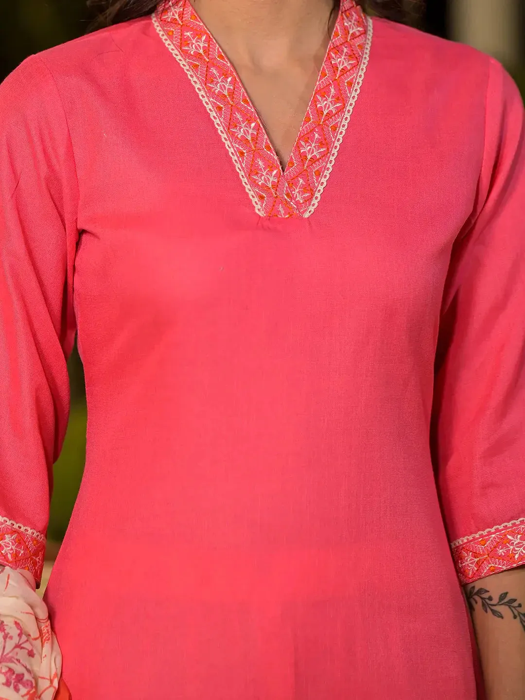 Peach Cotton Straight Embroidered On Yoke Kurta With Trousers And Dupatta Set