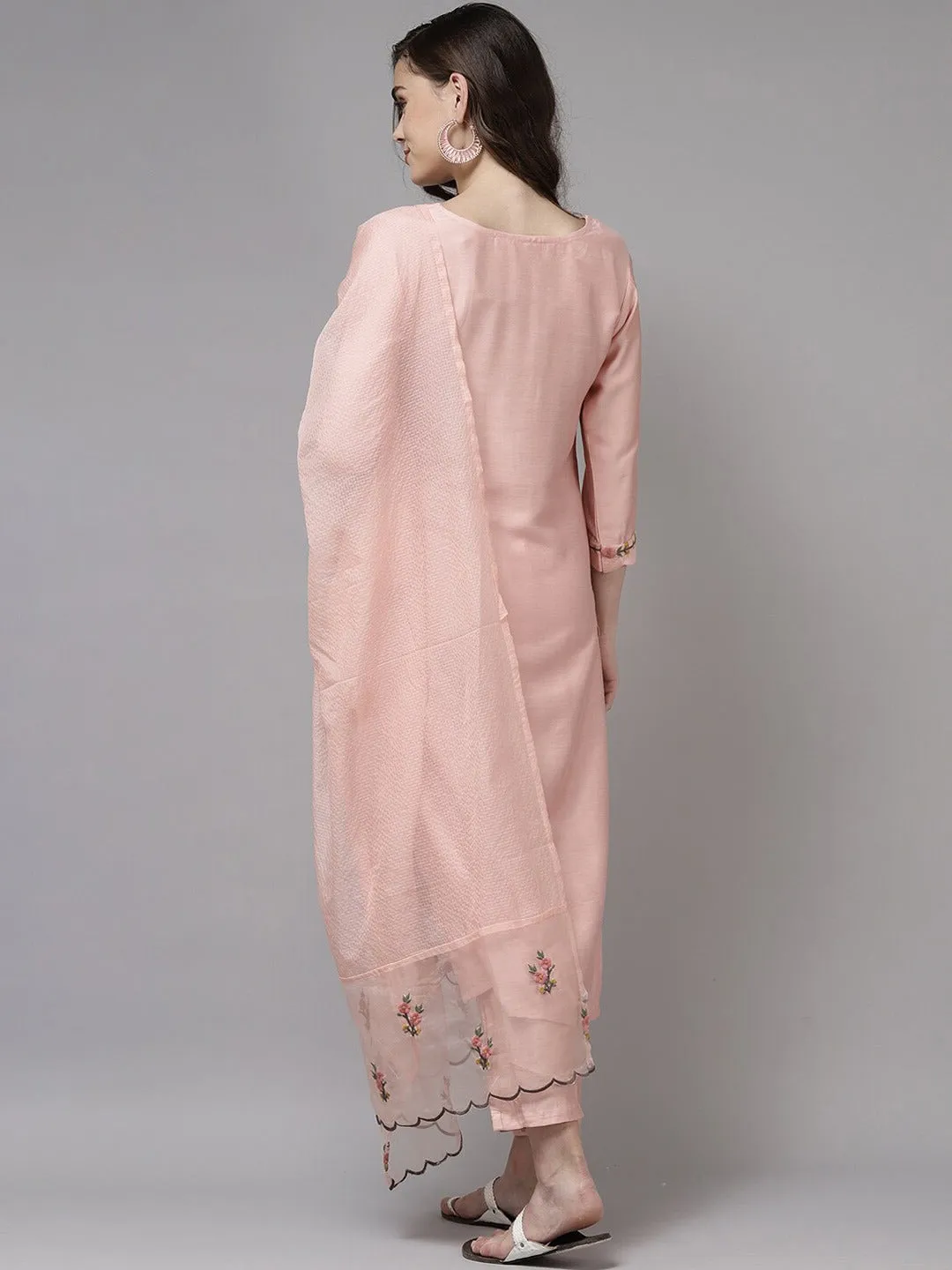 Peach Party Wear Embroidery Worked Kurta With Pant And Duppata Set