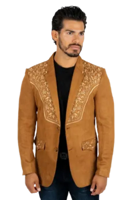 Platini Men's Camel Embroidered Suede Blazer