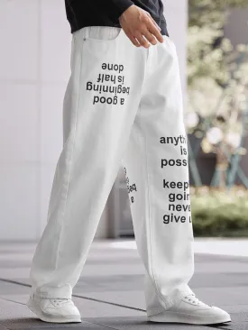 Relax Fit Wide Leg Baggy Text Print White Jeans