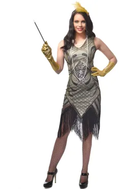 Roaring 20s Ivory and Gold Sequin Womens Gatsby Costume