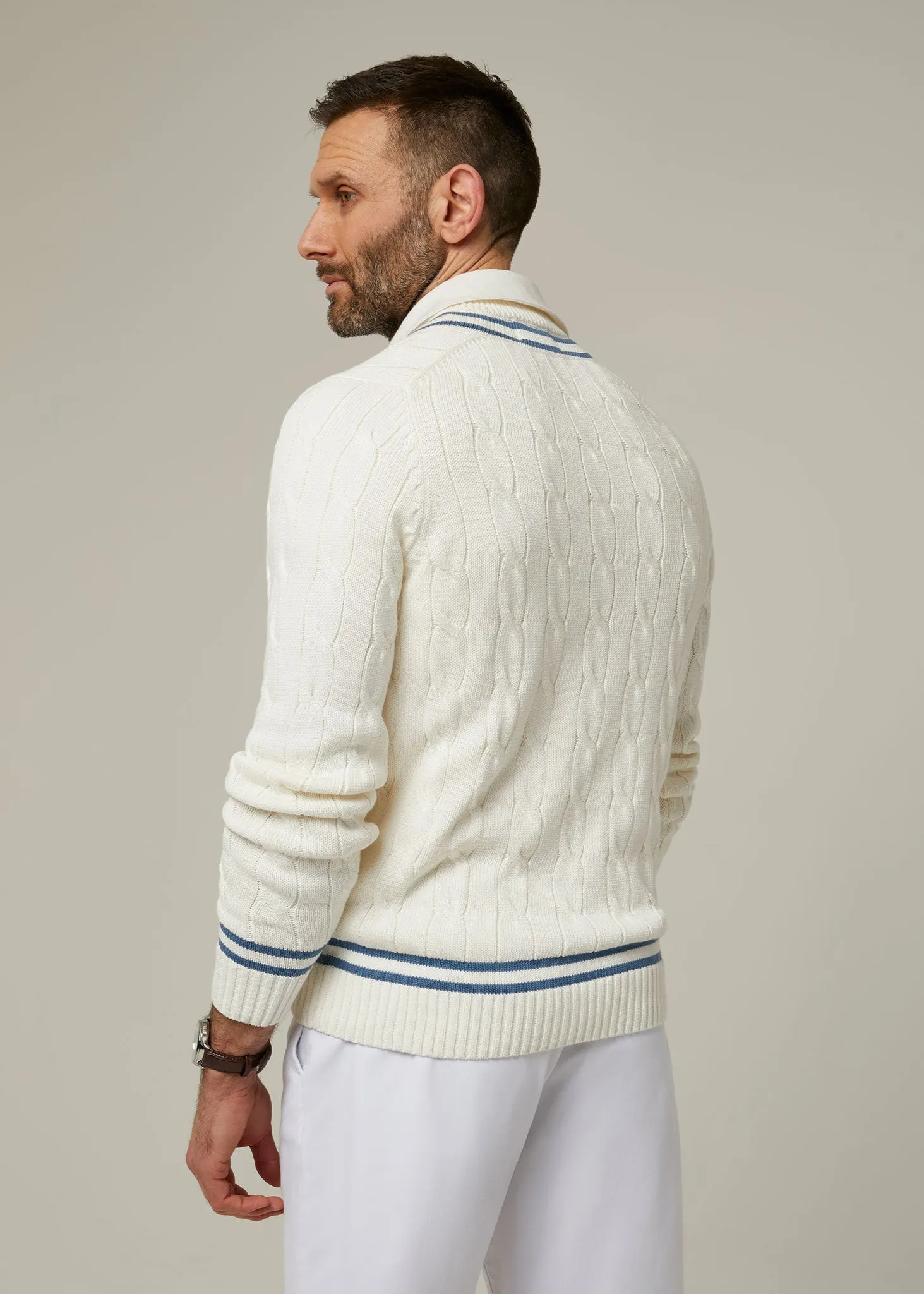 Sandridge Cable Knit Cricket Jumper In Ecru & Airforce