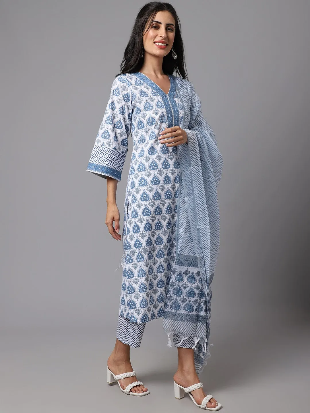 Straight Style Cotton Fabric Kurti and Bottom with Dupatta