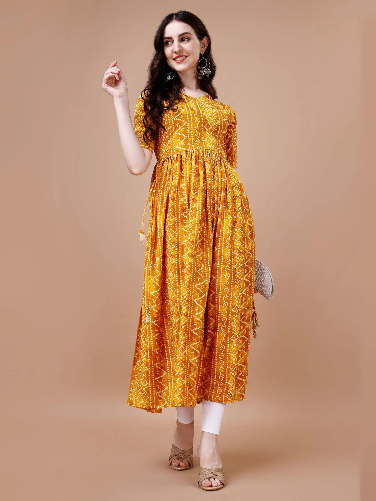 Stylish Bandhani Naira Cut Kurta with Latkan in Yellow Colour