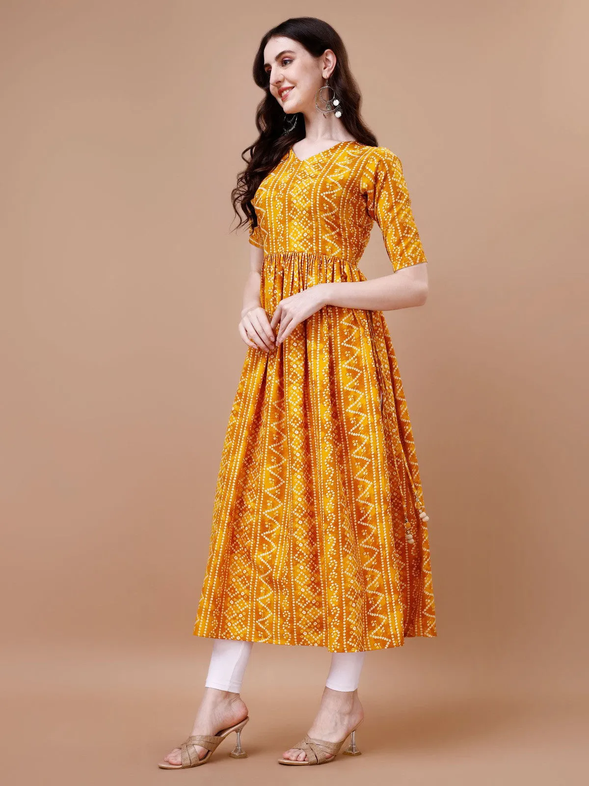 Stylish Bandhani Naira Cut Kurta with Latkan in Yellow Colour