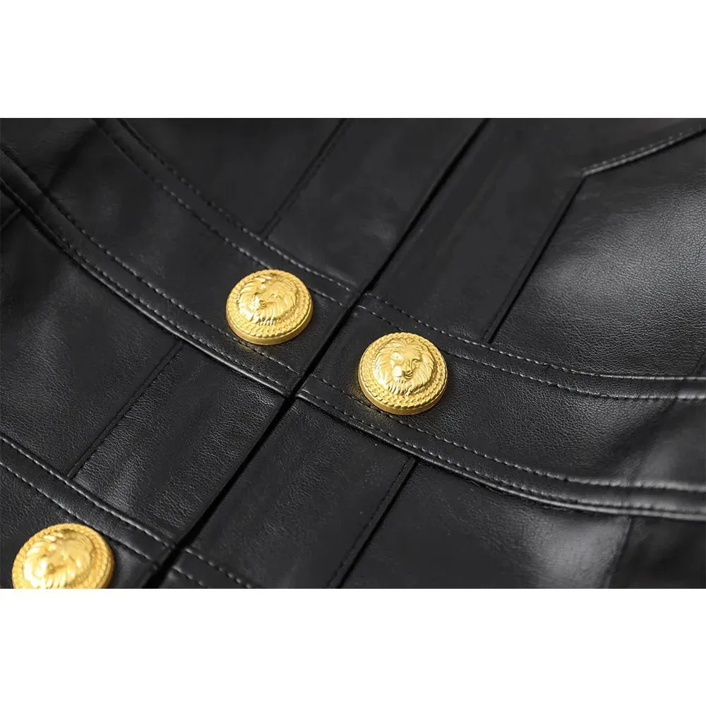 Trendy Black Crop Leather Jacket With Gold Buttons