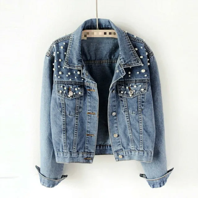 Trendy Denim Loose Pearls Fashion Jacket